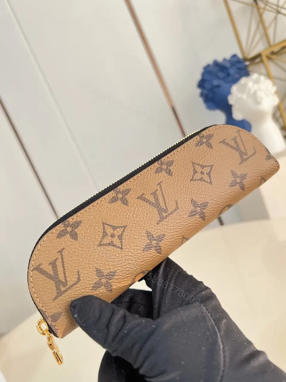 View 5 of Monogram Leather Compact Wallet: Signature Zip Closure