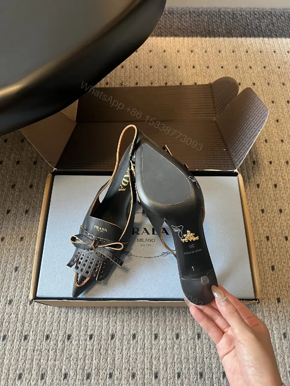 View 6 of Black Leather Prada Slingback Heels with Studded Front, Pointed Toe