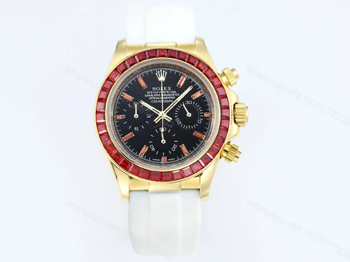 Rolex Daytona Ruby Replica 43MM Exclusive Gold Case White Rubber Strap Edition RG-ROLEX-DAYTONA-RUBY-43 — view 1