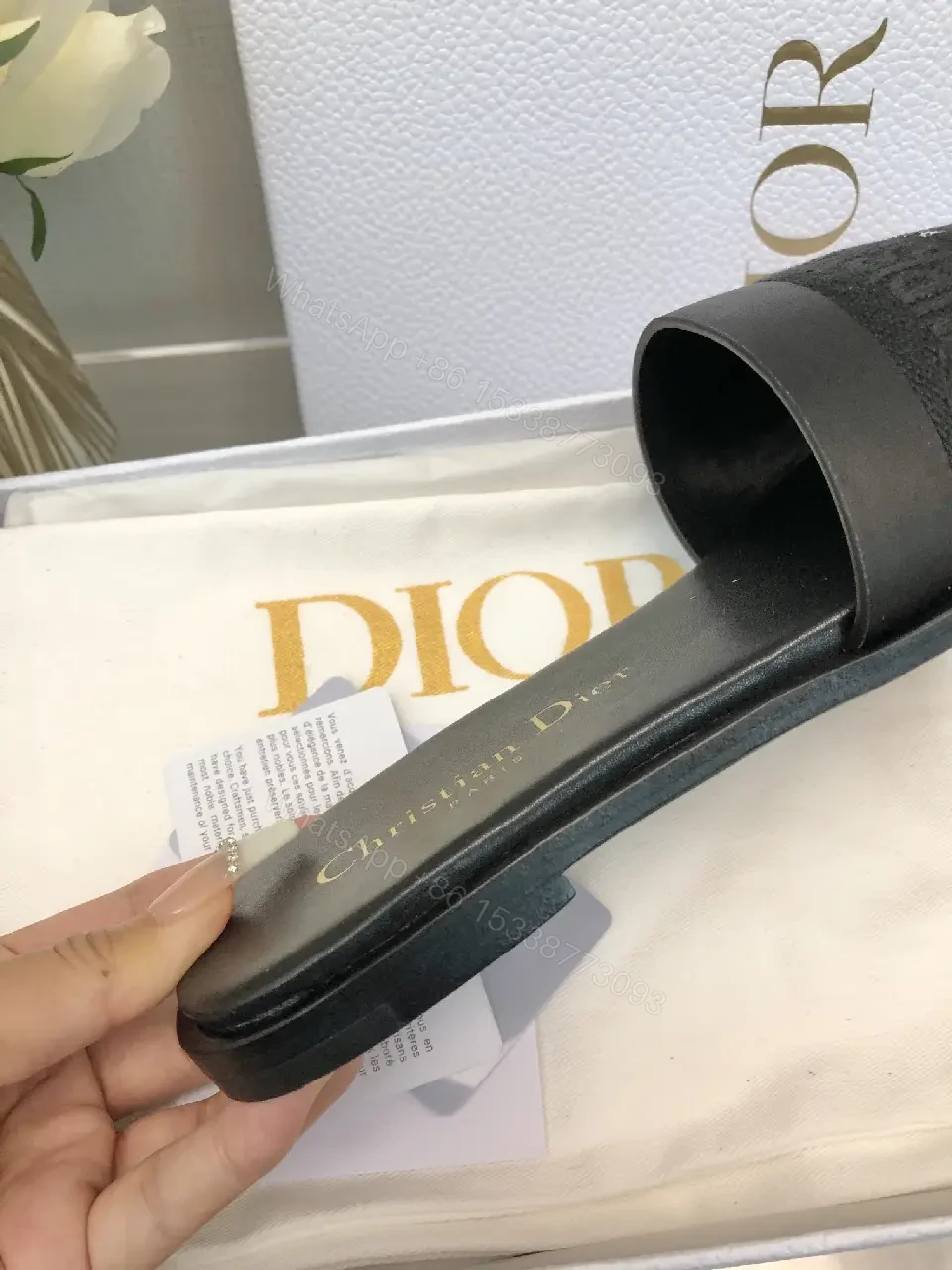 View 7 of Black Satin Strap Slide Paris Logo Sandals - Dior Style