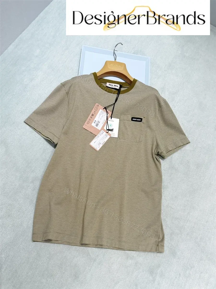 View 6 of Miu Miu Ivory and Olive Green Cotton T-Shirt