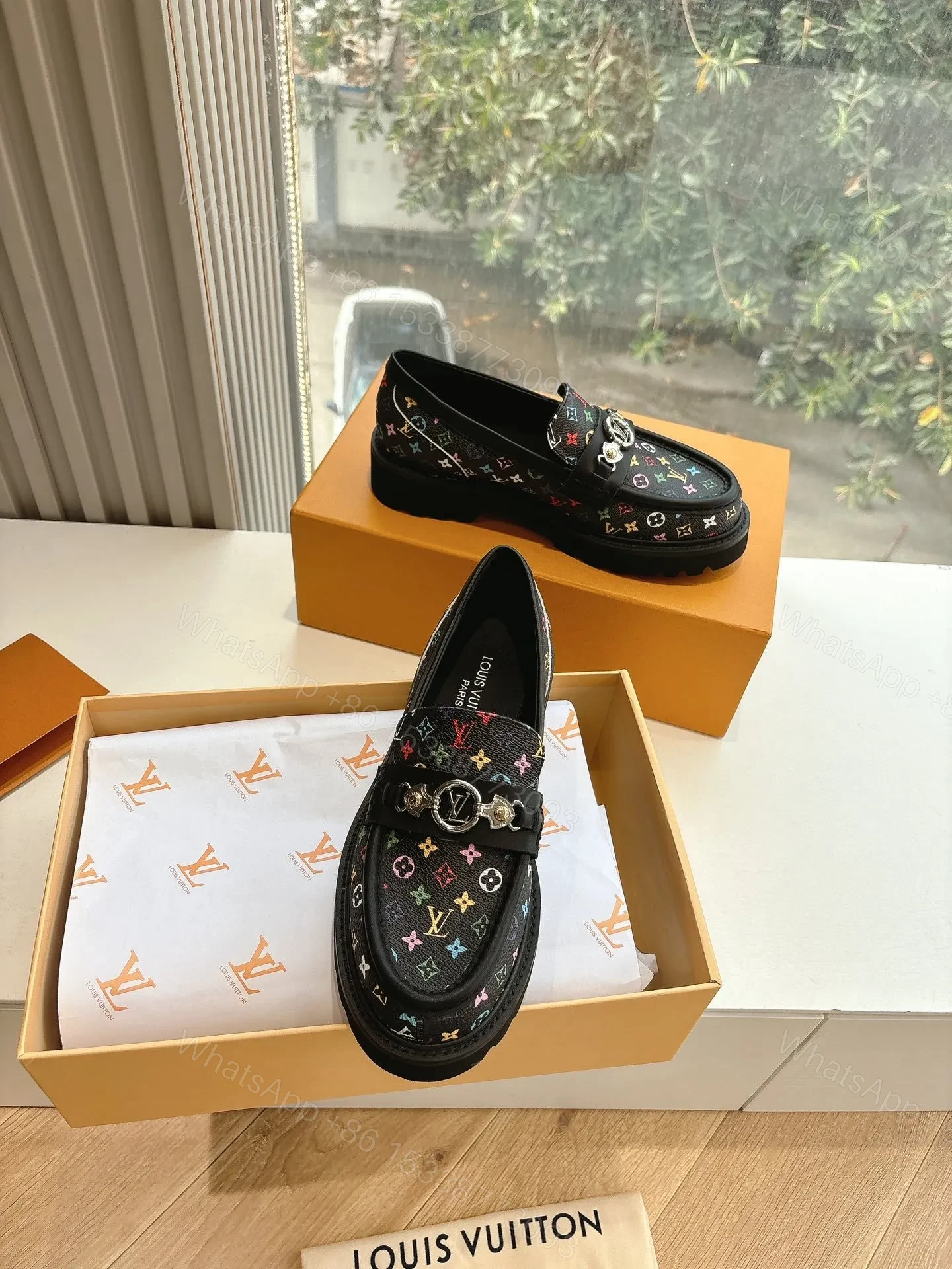 View 3 of LV Women Black Patterned Leather Loafers