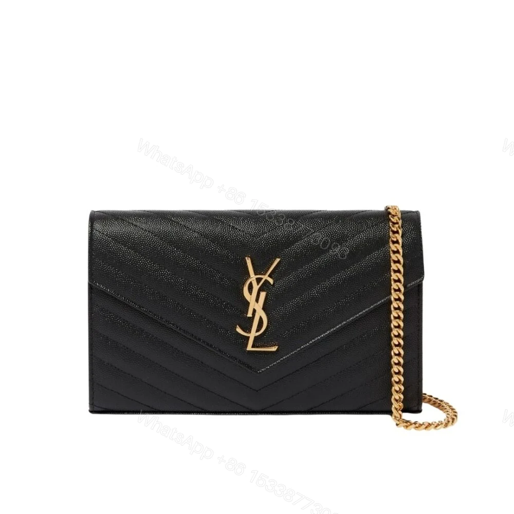 Saint Laurent Cassandre Matelassé Chain Wallet In Grain De Poudre Embossed Black Gold 22Cm — view 1