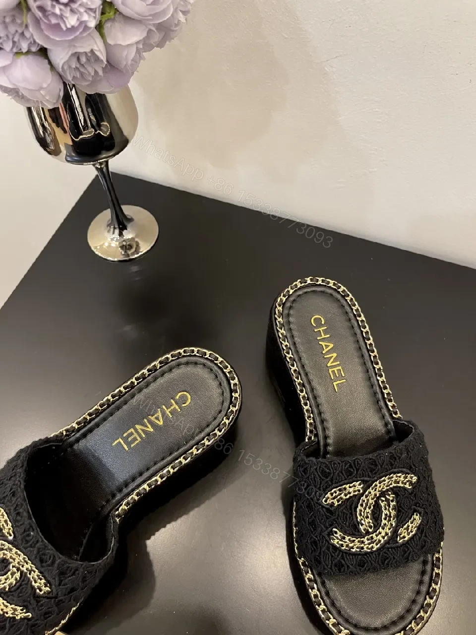 View 5 of Lux Knit Slides with Signature Chain Detailing