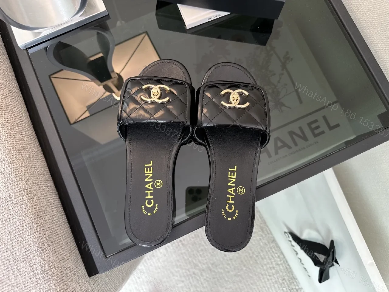 View 6 of Black Quilted Slide with Gold Logo — Luxe Comfort Slide