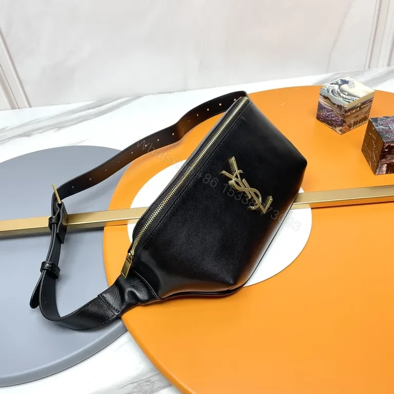 View 2 of Compact Luxe Belt Bag: YSL Monogram, Black Leather, Gold-Hardware