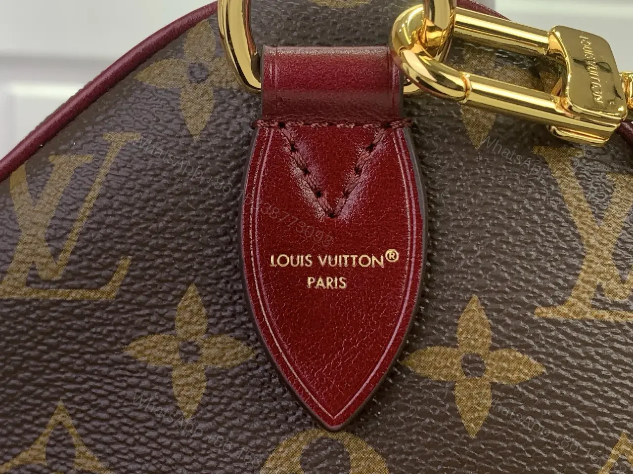 View 6 of Brown Canvas LV Monogram Travel Handbag with Burgundy Leather Trim
