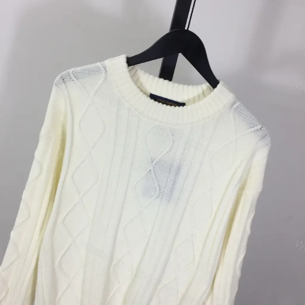 View 4 of Creamy Off-White Cable-Knit Crewneck Sweater with Striped Cuffs