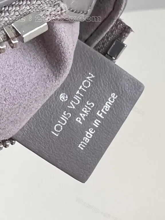 View 6 of Grey Leather Boxy Satchel, Silver Chain, LV Logo, Top Zip Bag