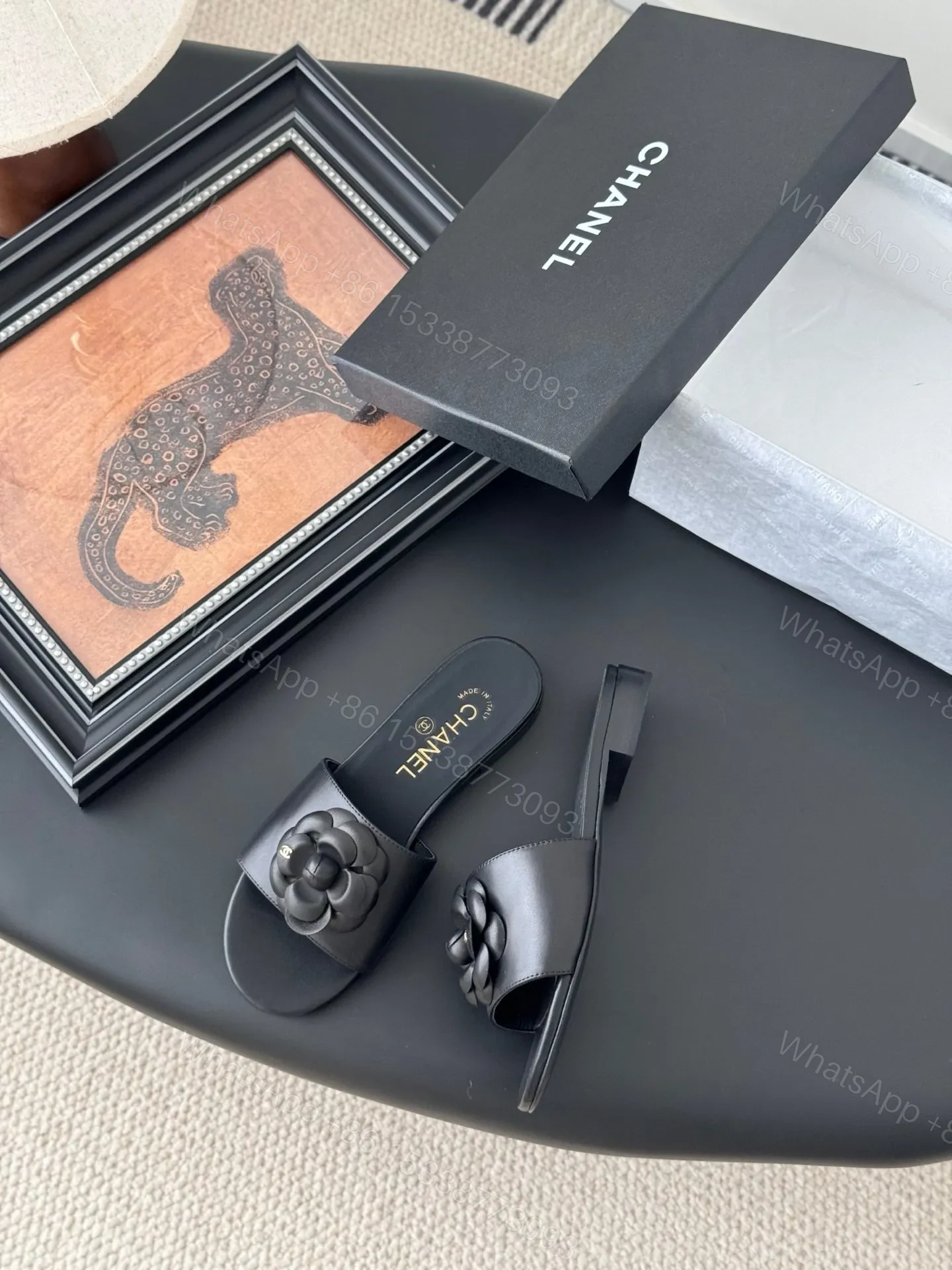 View 3 of Chanel Women Black Leather Flower Detail Slides