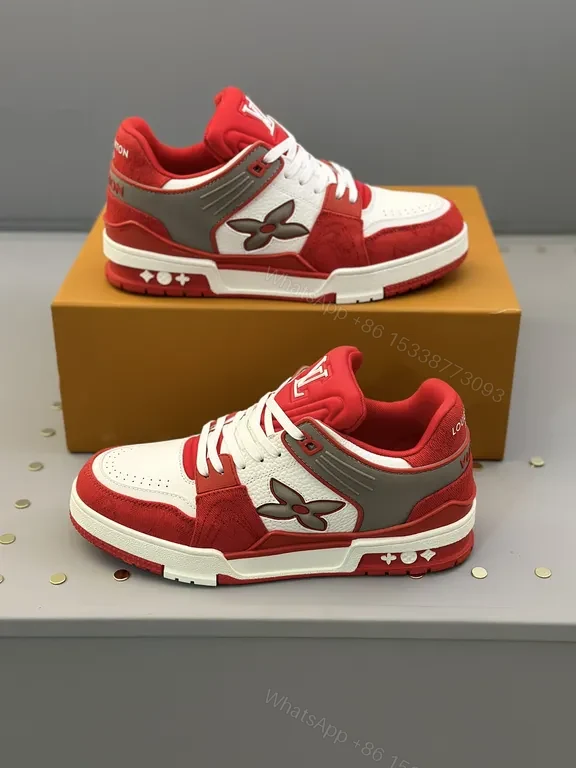 View 5 of Bold Red LV High-Top Sneakers with Premium Leather and Suede