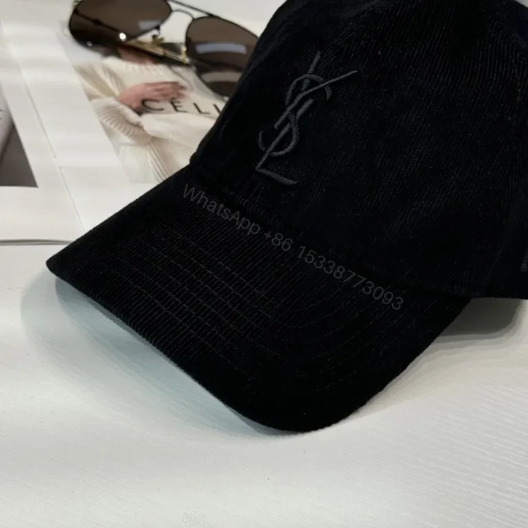View 5 of Black Velvet Cap with YSL Monogram â€” Structured Luxury Cap