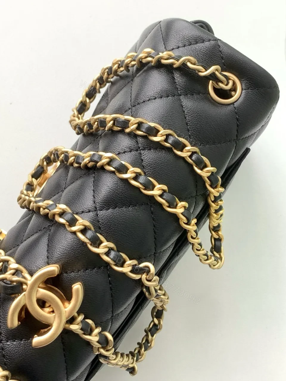 View 3 of Quilted Black Leather Crossbody, Gold Hardware, Luxury