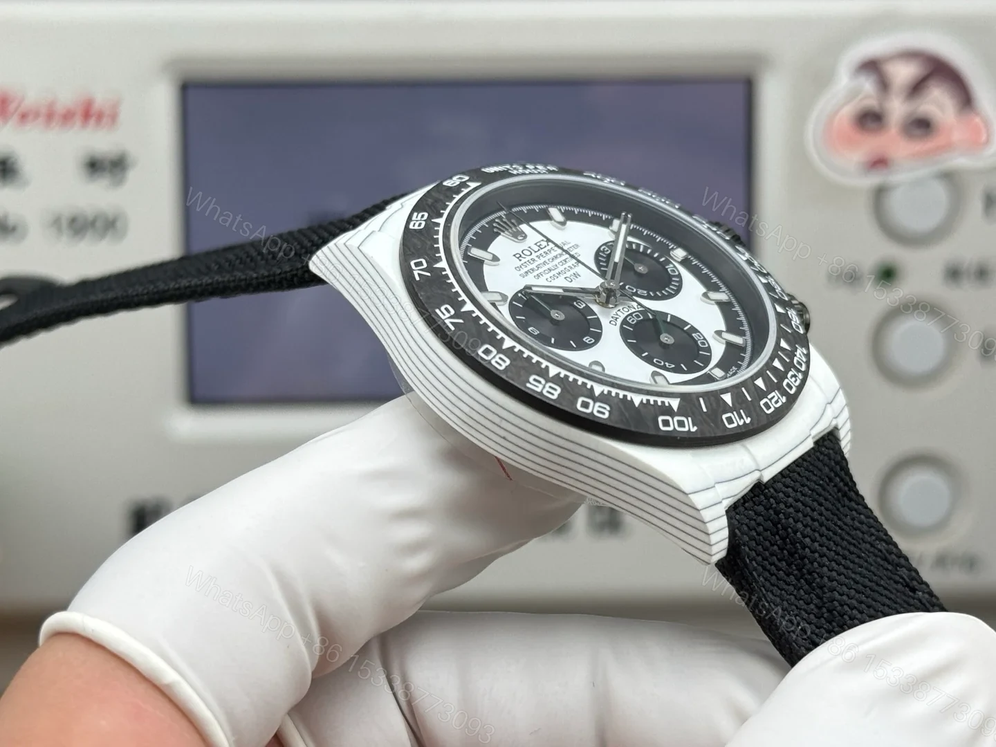 View 6 of Rolex Daytona Carbon Fiber Silver Panda Replica 40MM Premium Black Fabric Strap RG-ROLEX-DAYTONA-SILVER-PANDA