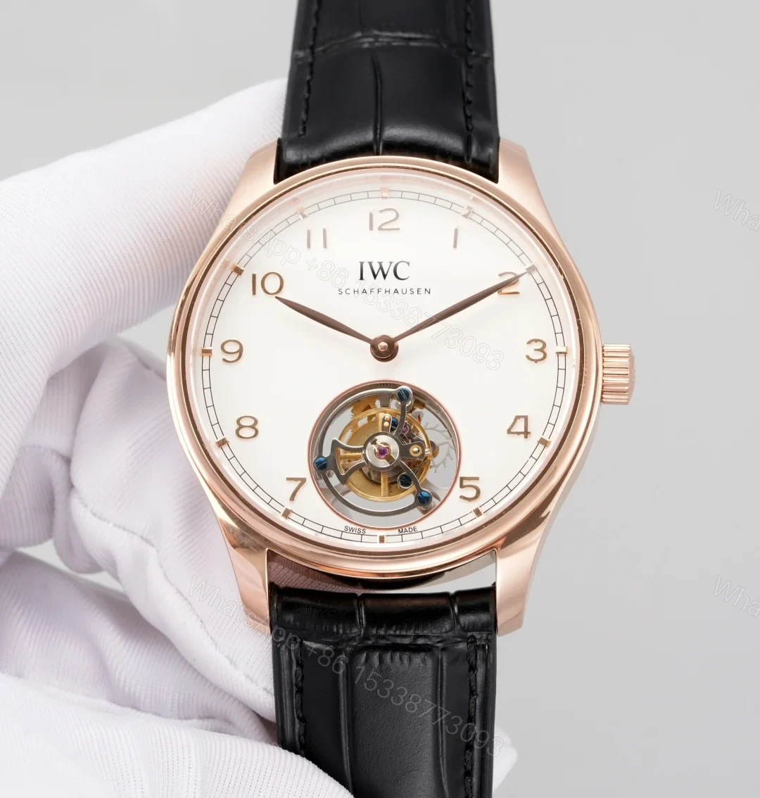 IWC Tourbillon Rose Gold Replica 42MM Premium White Dial Black Leather Strap Edition RG-IWC-TOURBILLON-RG-42 — view 1