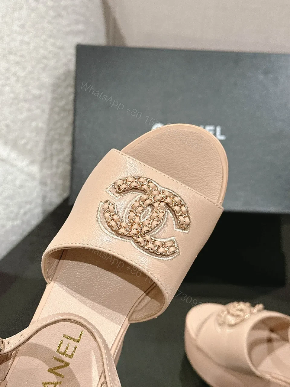 View 4 of Soft Pink Platform Sandals with Signature Emblem Themed Leather