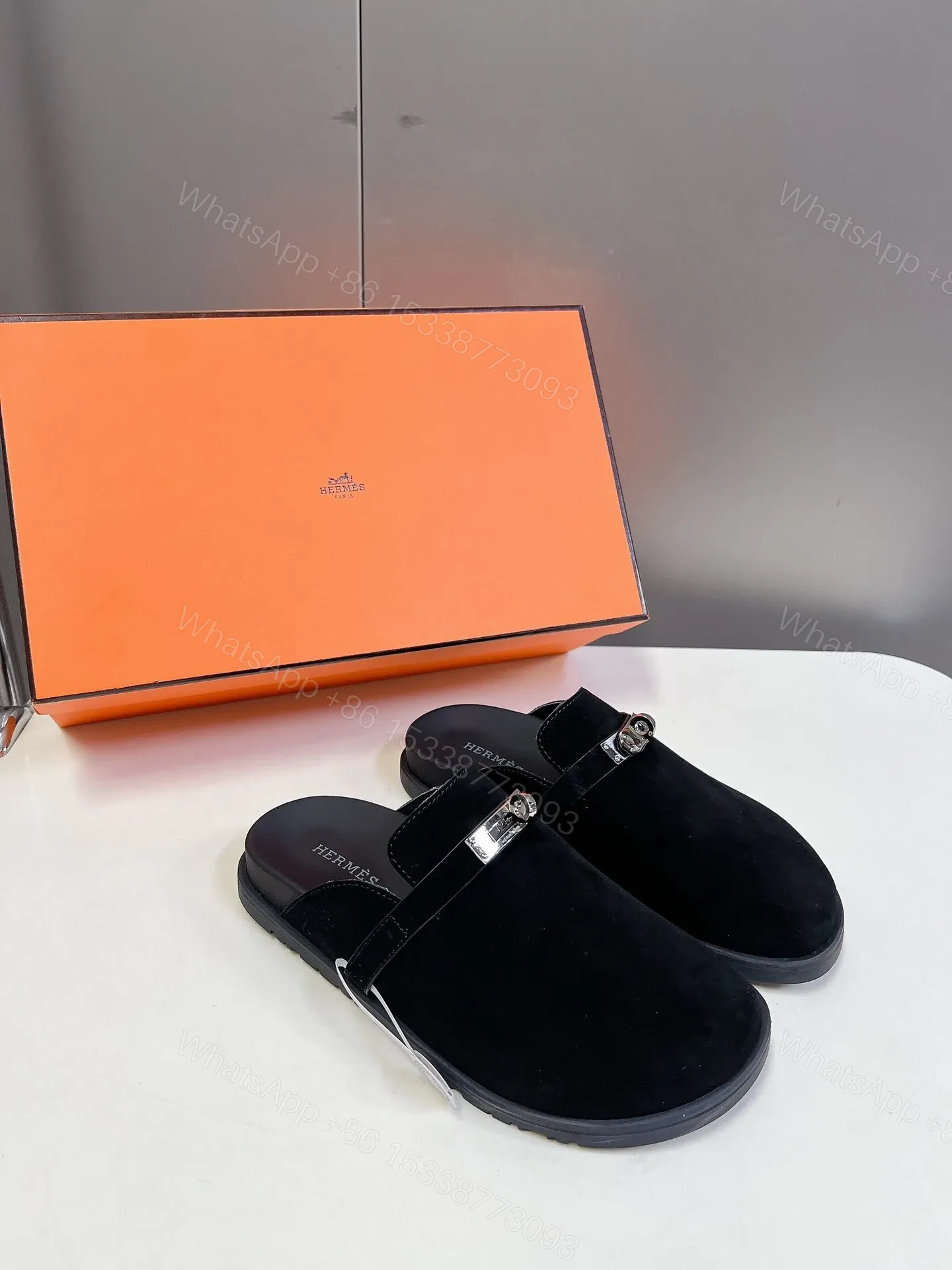 View 5 of Hermes Women Black Suede Leather Slippers