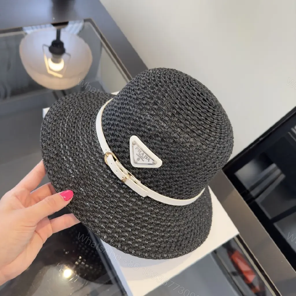 View 6 of Black Straw Weave Fedora Hat with White Band, Gold Hardware, Prada Logo
