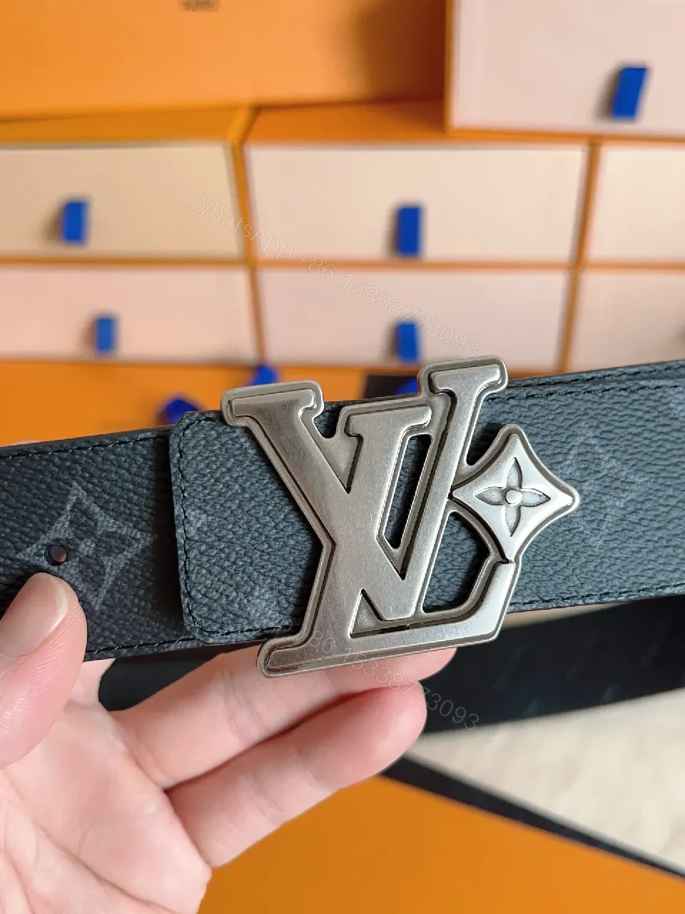 View 3 of Lux Slim LV-Pattern Belt: Monogram Leather, Silver Buckle, Modern Style