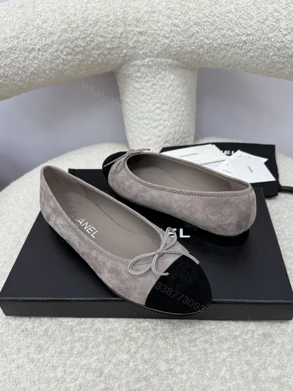 View 4 of Taupe Suede & Velvet Bow Ballet Flats, All-Day Comfort