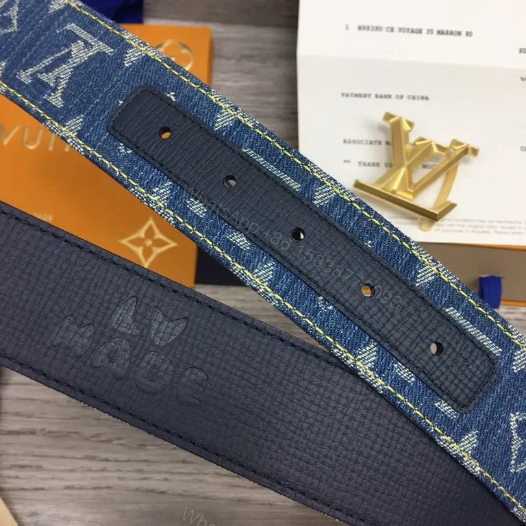 View 6 of Denim Monogram Belt with Gold LV Buckle - Luxury Accessory