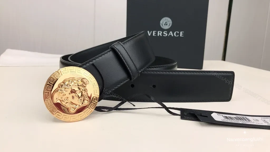 View 6 of Bold Black Leather Belt with Gold Medusa Buckle - Versace-Inspired Luxury