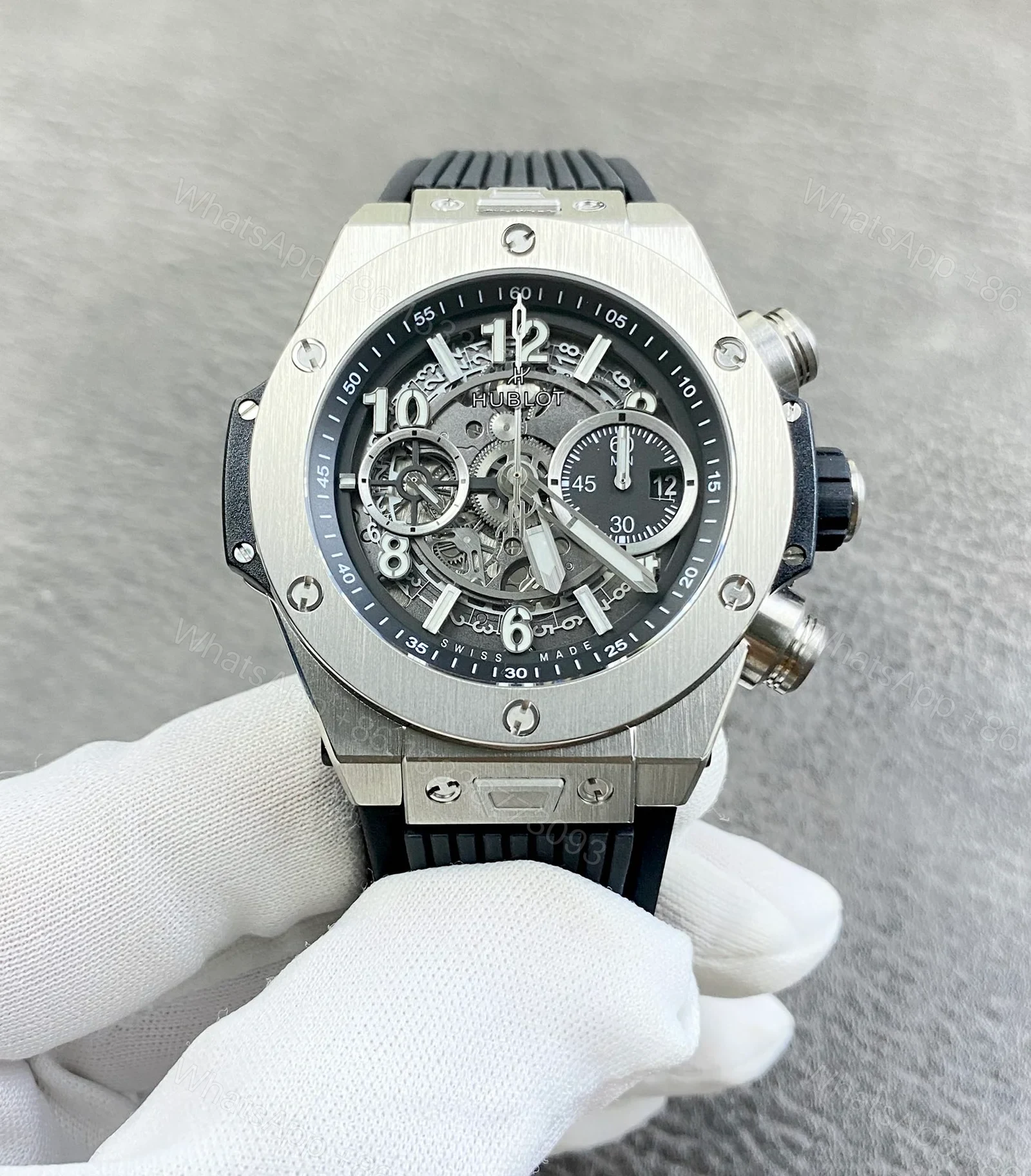 Hublot Big Bang Skeleton Replica 44MM Premium Silver Case Black Rubber Strap Edition RG-HUBLOT-BB-SKEL-SLV-BLK-RUB-44 — view 1