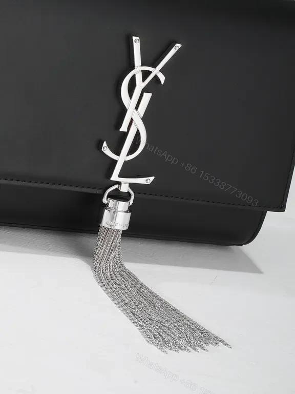 View 6 of Chic Black Leather Handbag â€” Metallic Logo Tassel Bag