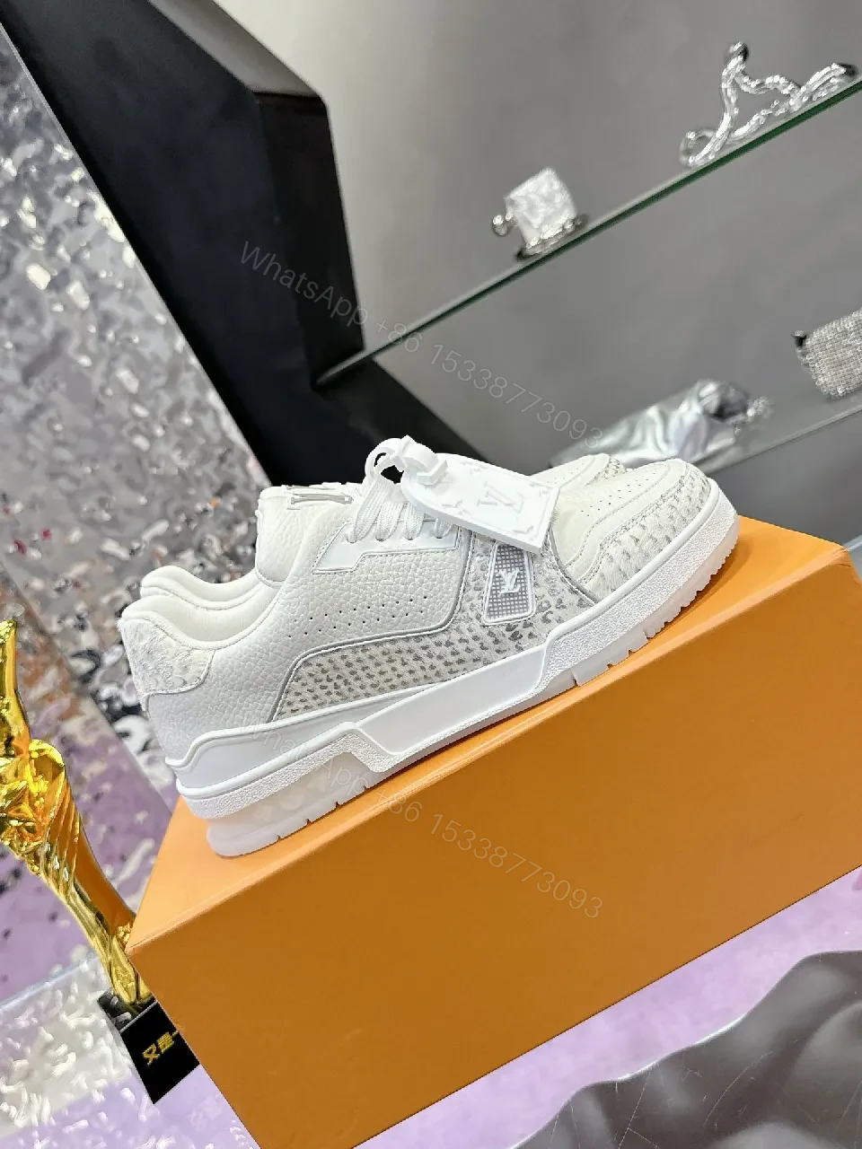 View 3 of White Leather-Luxe Snakeskin Runner: Modern Minimal Luxury Sneaker