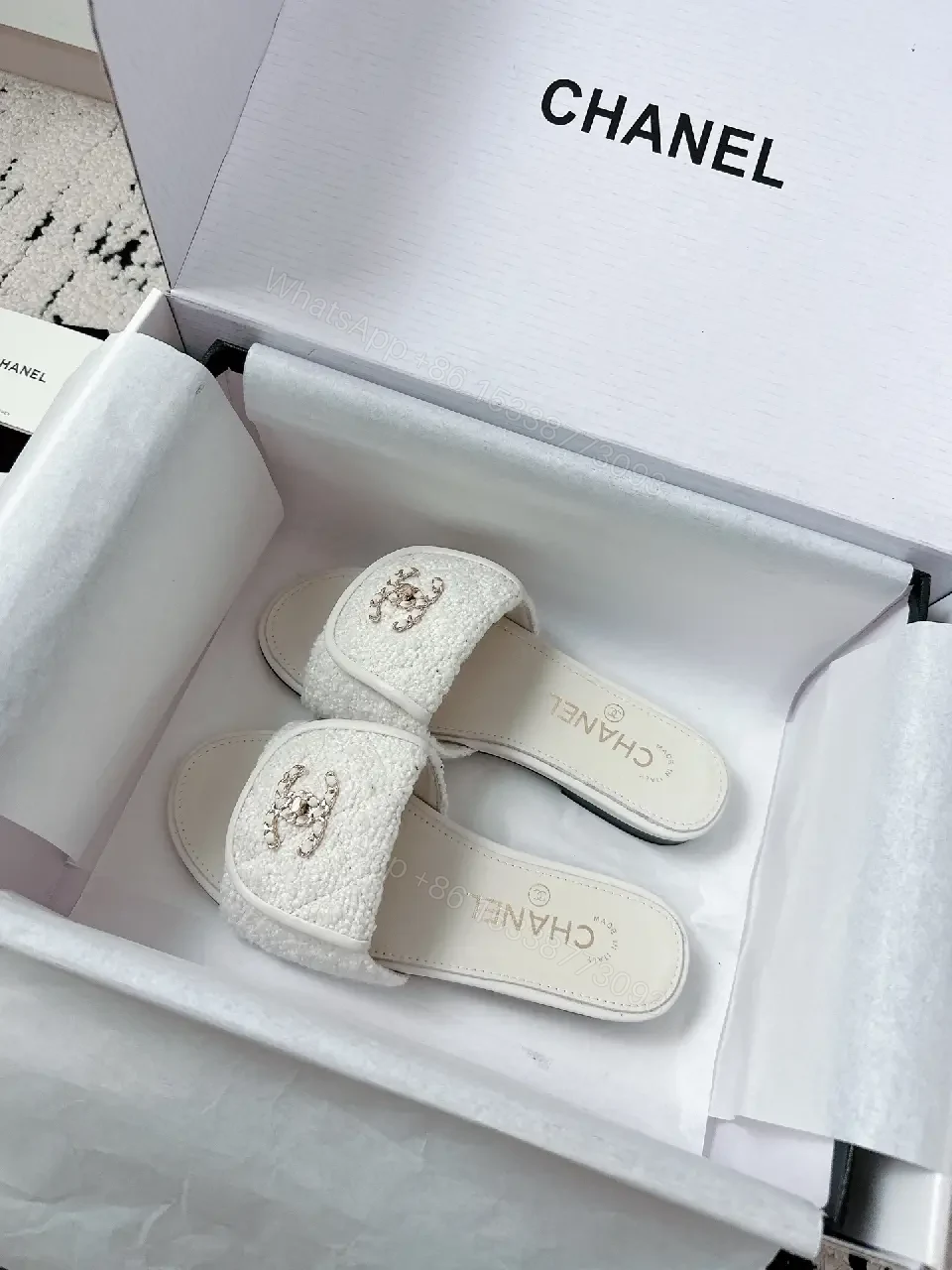 View 9 of White Bouclé Slip-Ons: Luxe Chanel-Esque Comfort Slides