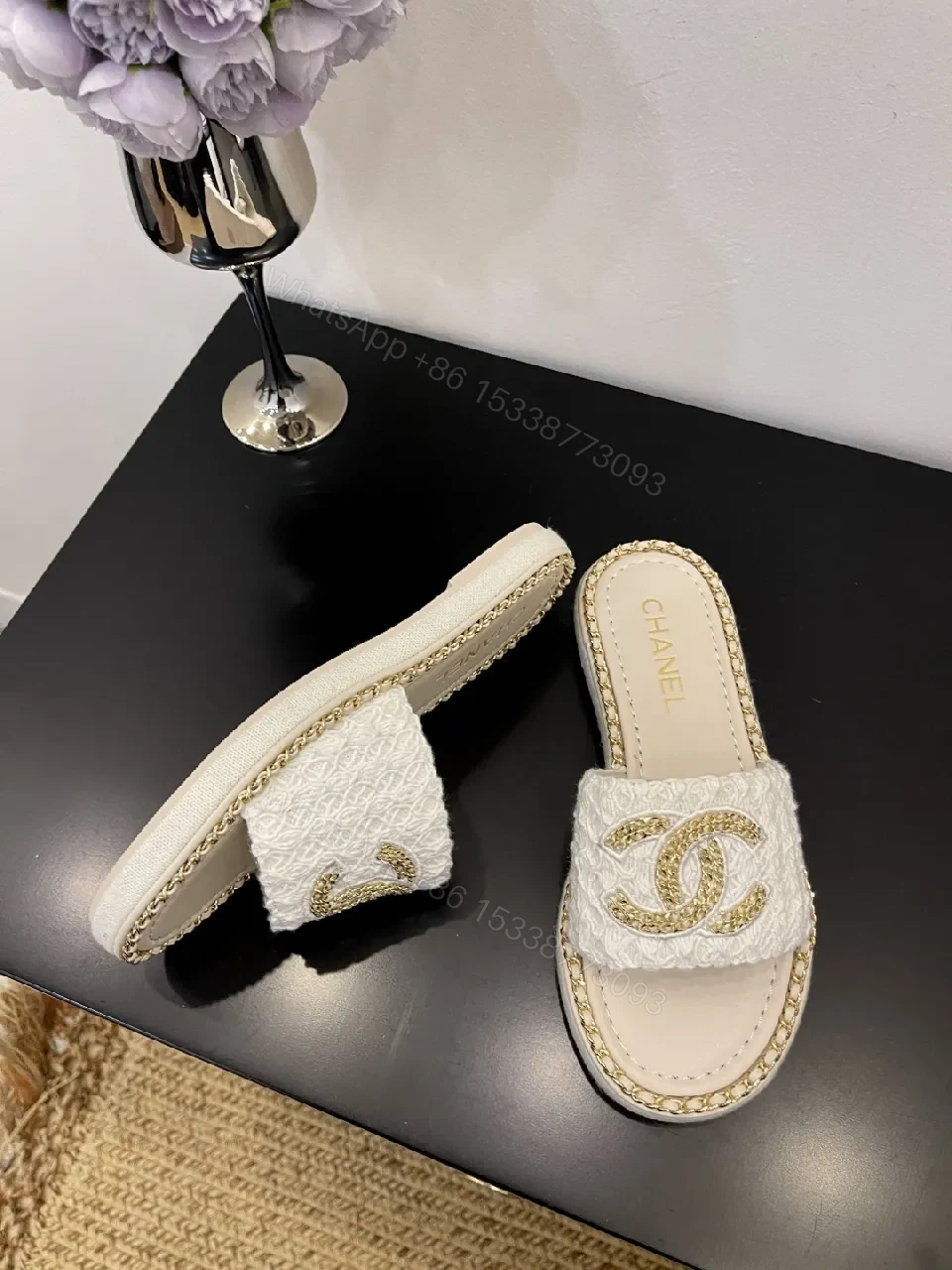View 6 of White + Leather-like + Slip-On + Gold Chain Detail + Sandals