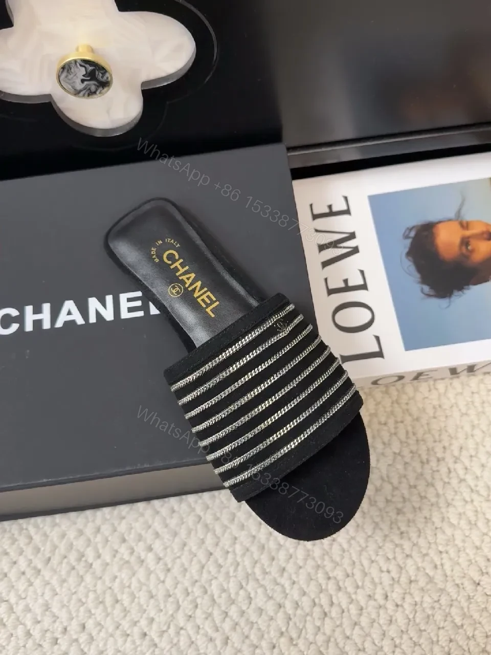 View 6 of Black + Synthetic + Slip-On + Metallic Stripes + Slides