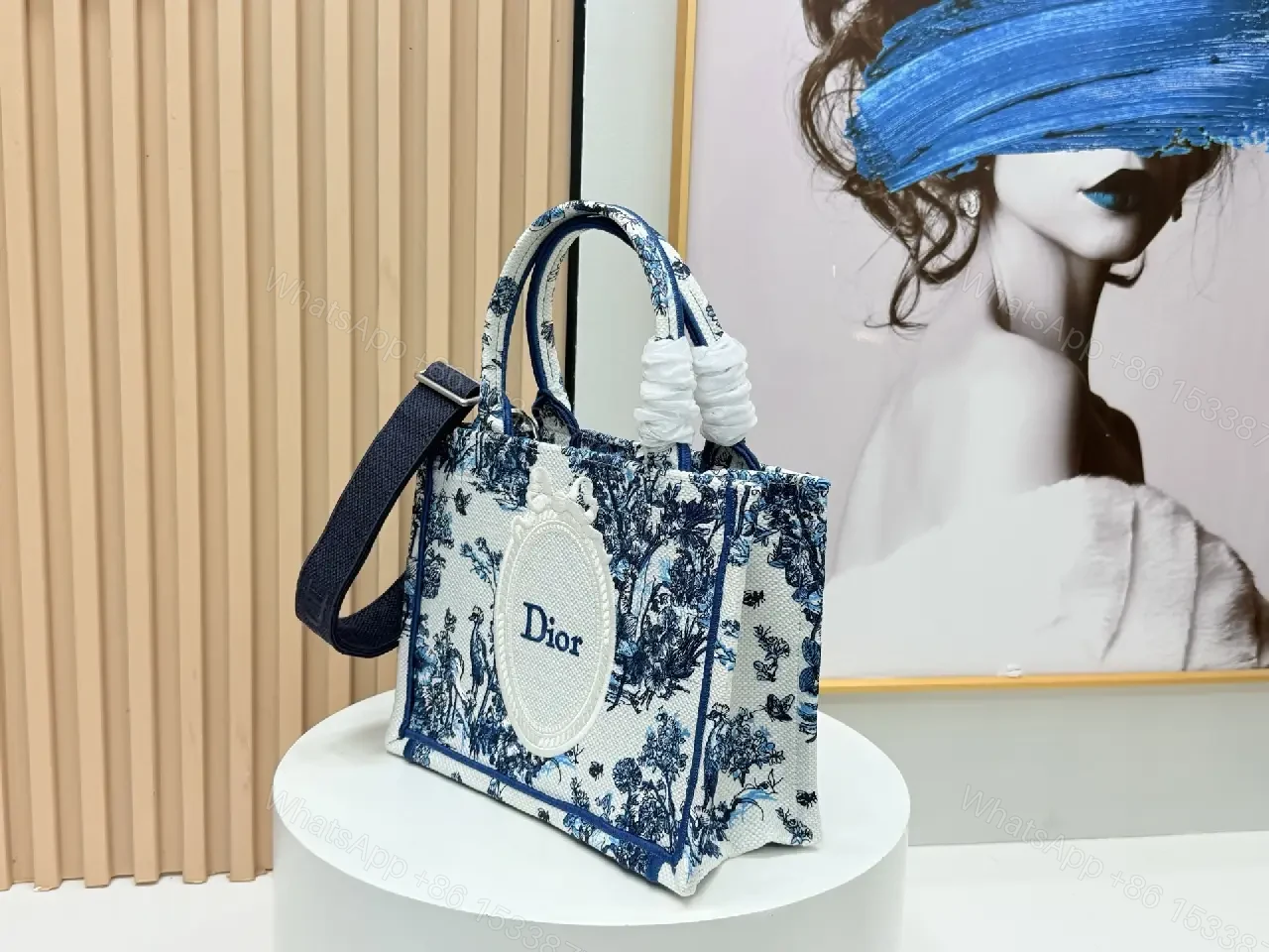 View 4 of Blue Canvas Handbag — Toile Crest Structured Crossbody Style