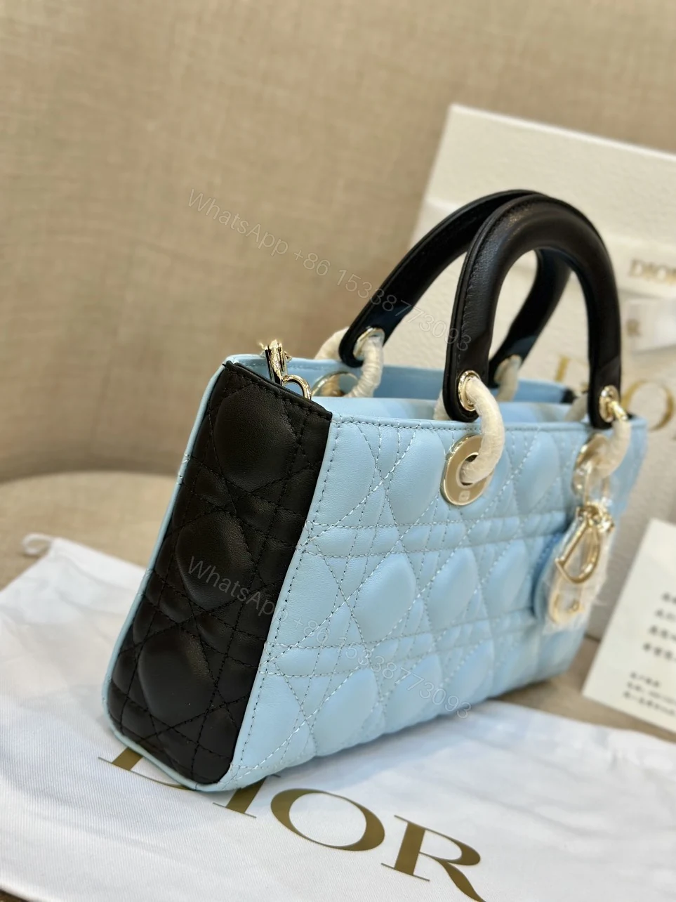 View 5 of Dior D-Joy Women’s Handbag, Ice Blue Cowhide Leather, Like Auth 26cm