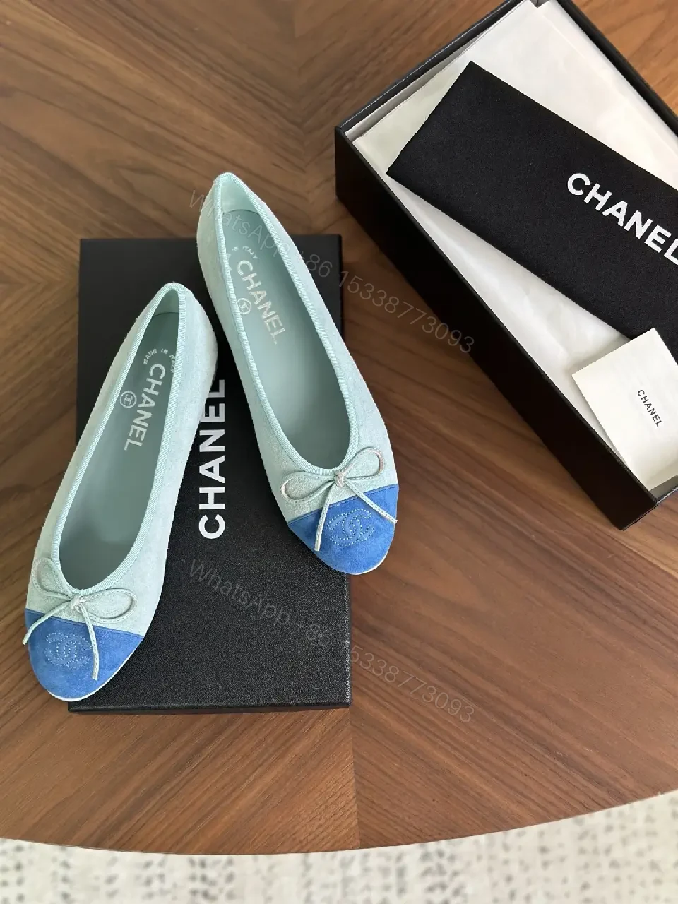 View 3 of Grey leather ballet flats with blue cap-toe and bow, luxury everyday wear