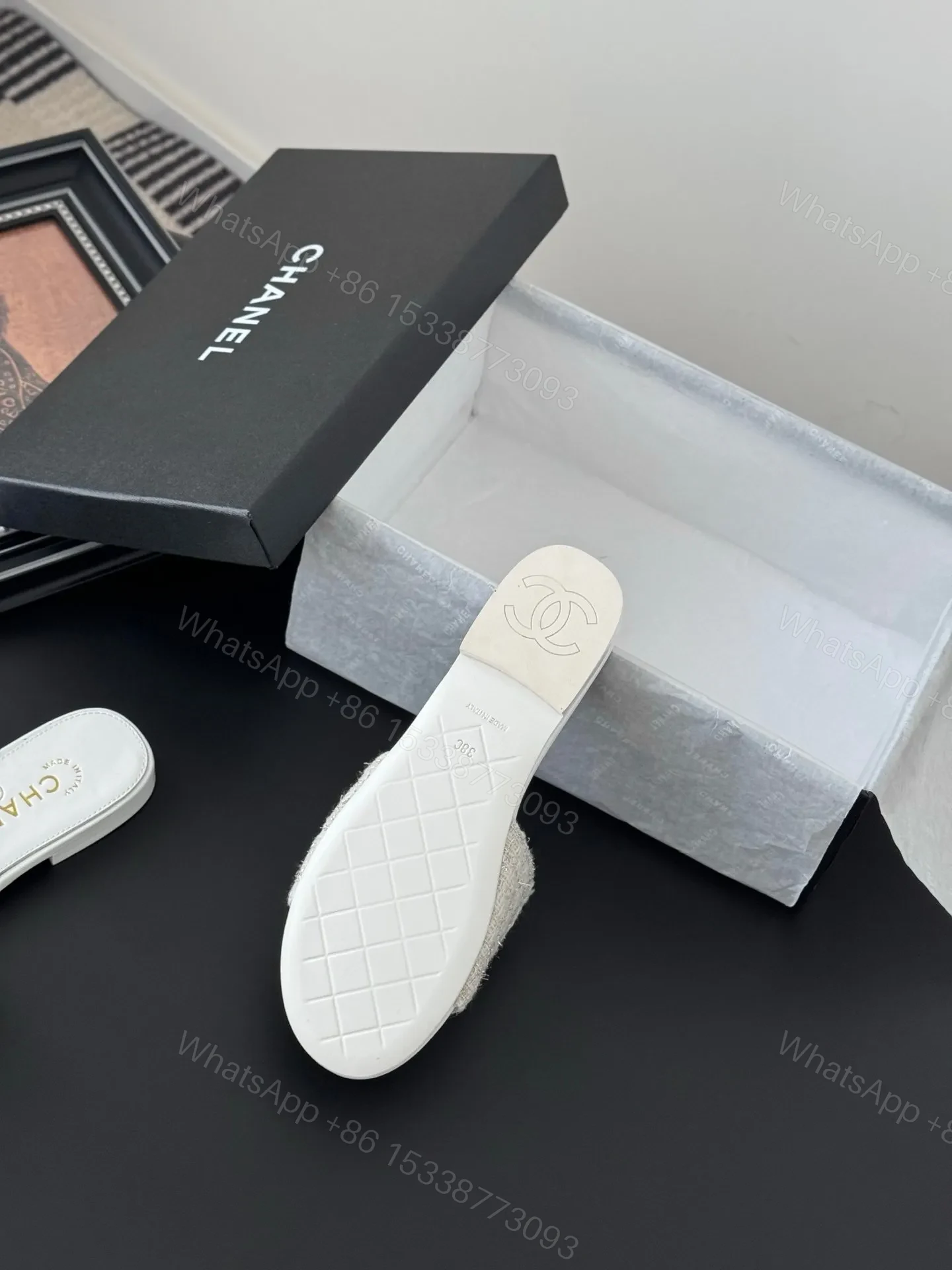View 4 of Chanel Women Beige Tweed Slides
