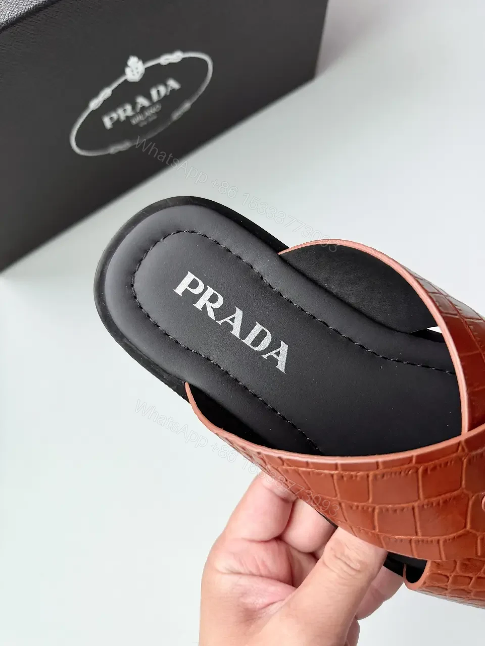 View 9 of Red Leather Crossed-Slip Prada Style Key Feature Sandals