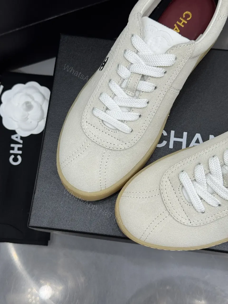 View 8 of Beige Leather Style Sneakers with Gum Sole