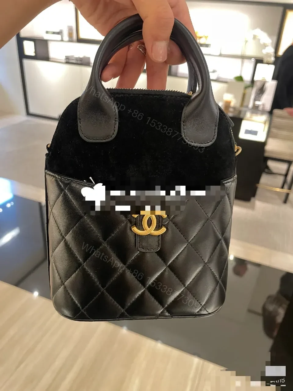 View 5 of Quilted Leather Mini Bag with Velvet Accents, Gold Chain