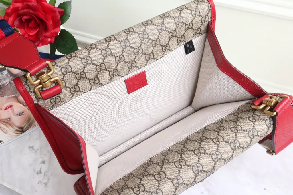 View 4 of G GG Canvas Crossbody: Red Leather Trim, Striped Strap