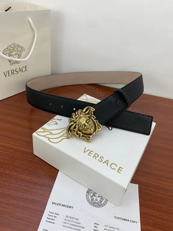 View 2 of Medusa Buckle Leather Belt - Luxury Gold Accent, Versace-inspired Style