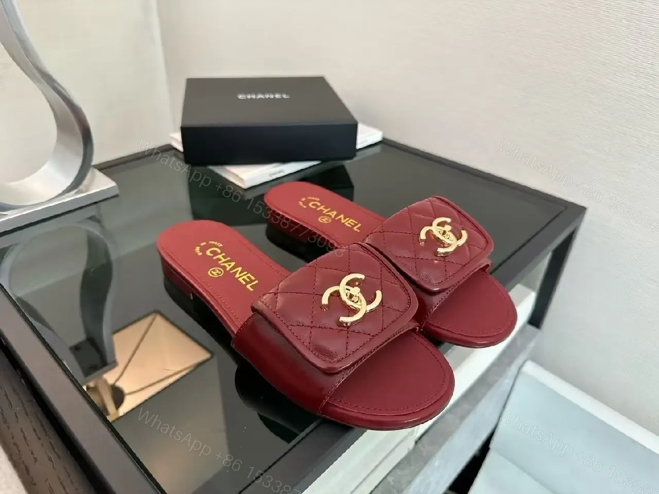 View 9 of Velvet Red Slides with Gold Hardware – Luxe Comfort