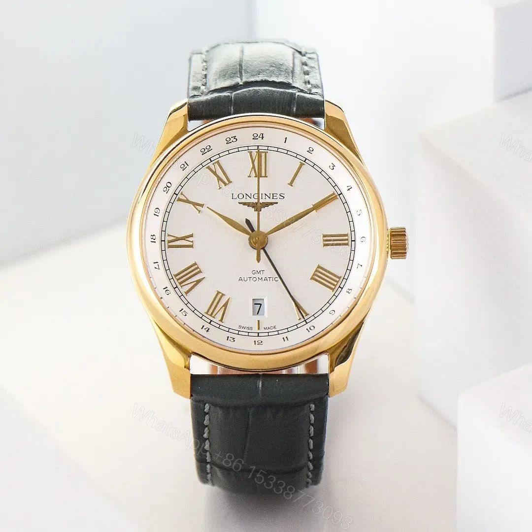 View 4 of Longines Master Classic Reproduction GMT Dual Time Watch Rose Gold with White Dial Roman Numerals and Grey Italian Leather Strap