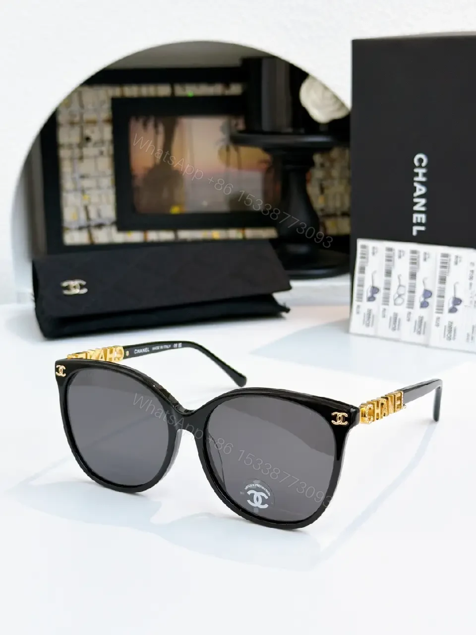 View 8 of Black Thick-Rim Glasses, Square Full-R Rim, Sculpted Bridge, Ribbed Arms, Chanel Detailing