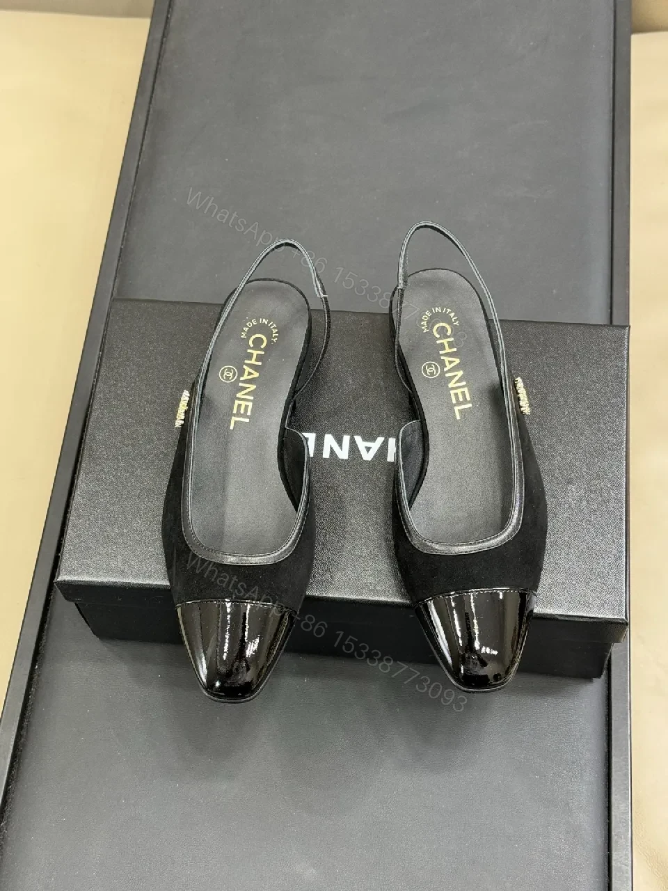 View 2 of Black Suede Slingback Sandals with Patent Toe Cap – Elegant Comfort