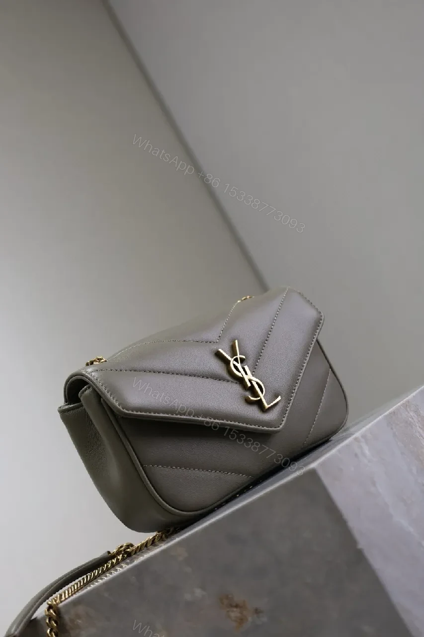View 7 of Taupe Grained Leather Quilted Shoulder Bag with Gold Hardware