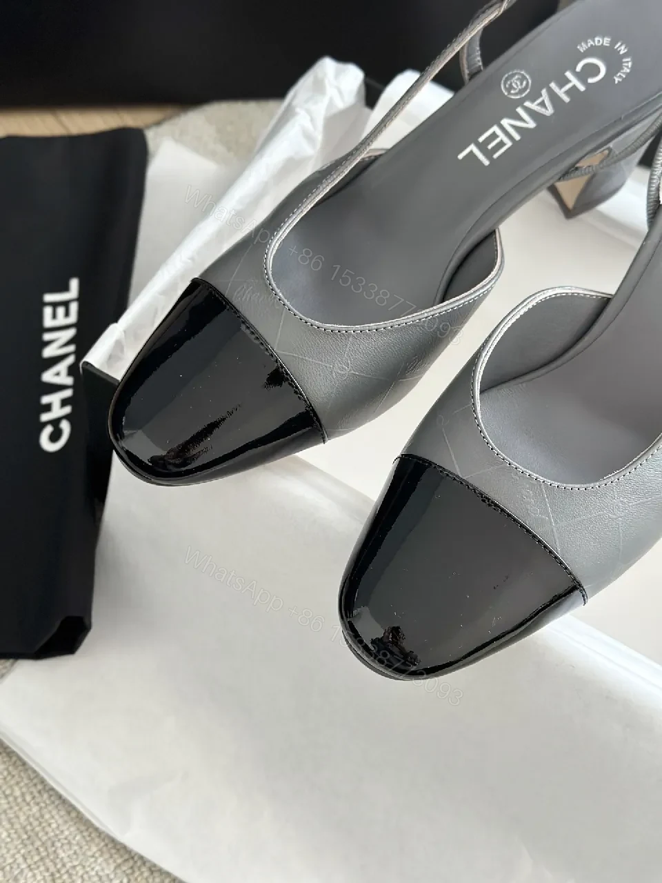 View 8 of Gray Patent-Toe Slingback Heels: Modern Block-Color Comfort
