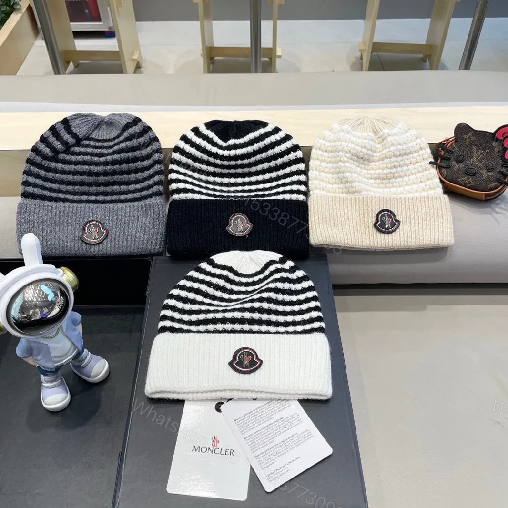 View 3 of Cozy Striped Knit Beanie with Moncler Badge - Luxe Warmth