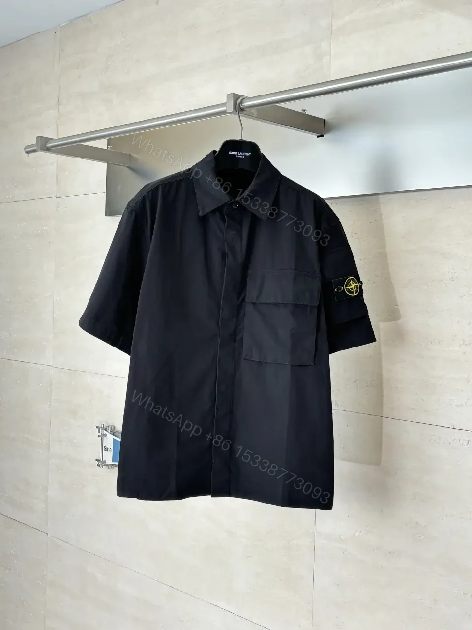View 4 of Black Cotton Oversized Short-Sleeve Shirt with Pocketed Front, Military Style, Stone Island inspired
