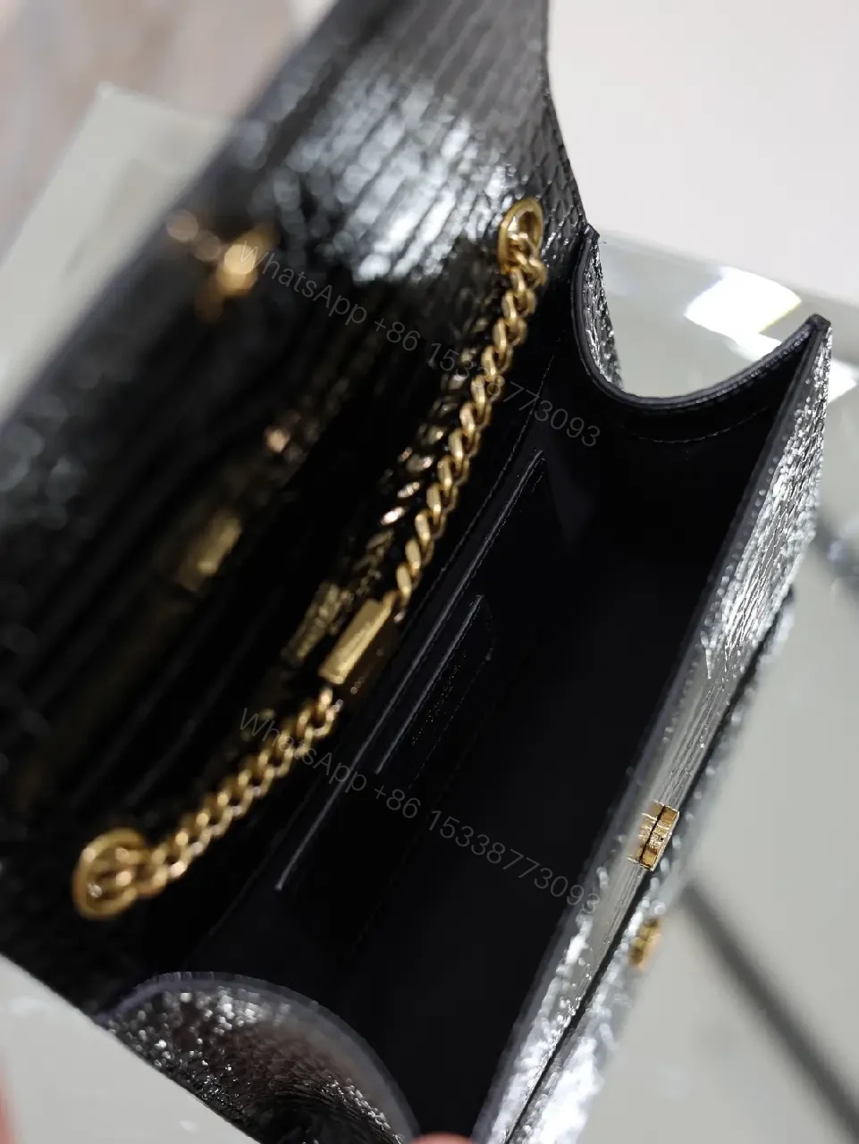 View 2 of Black Crocodile-Embossed Leather Mini Shoulder Bag with Gold YSL Logo
